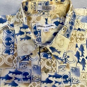 Pierre Cardin Men's L Short Sleeve  Button Up Shirt Tropical Nautical Fish